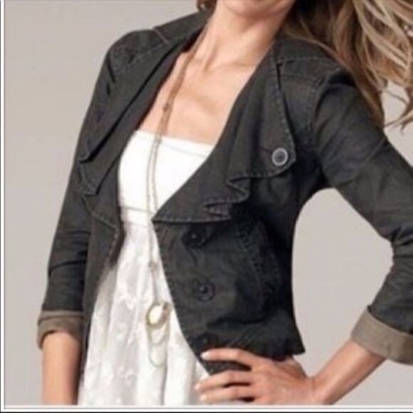 cAbi Waxed Linen Moto Ruffled Jacket Distressed - Picture 1 of 8